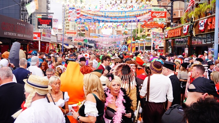 Once the official Benidorm fiestas finish in November , the unofficial British fancy dress party starts on the Thursday.