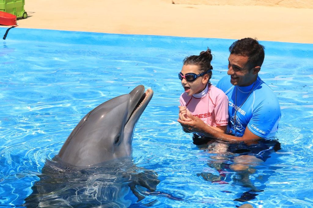 Es una imagen de una niña en una sesión de delfinoterapia, por lo que junto a un monitor está nadando con un delfín 
